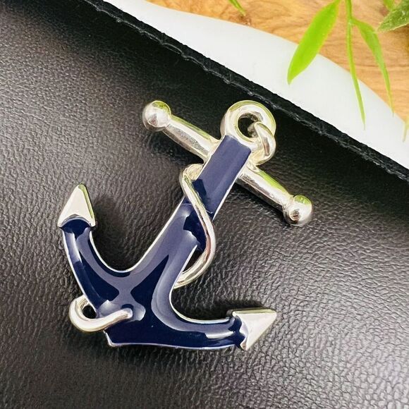 Danecraft Vintage 70's Navy Blue Silver Enamel Ship Anchor Brooch Nautical 1324 - Picture 4 of 8
